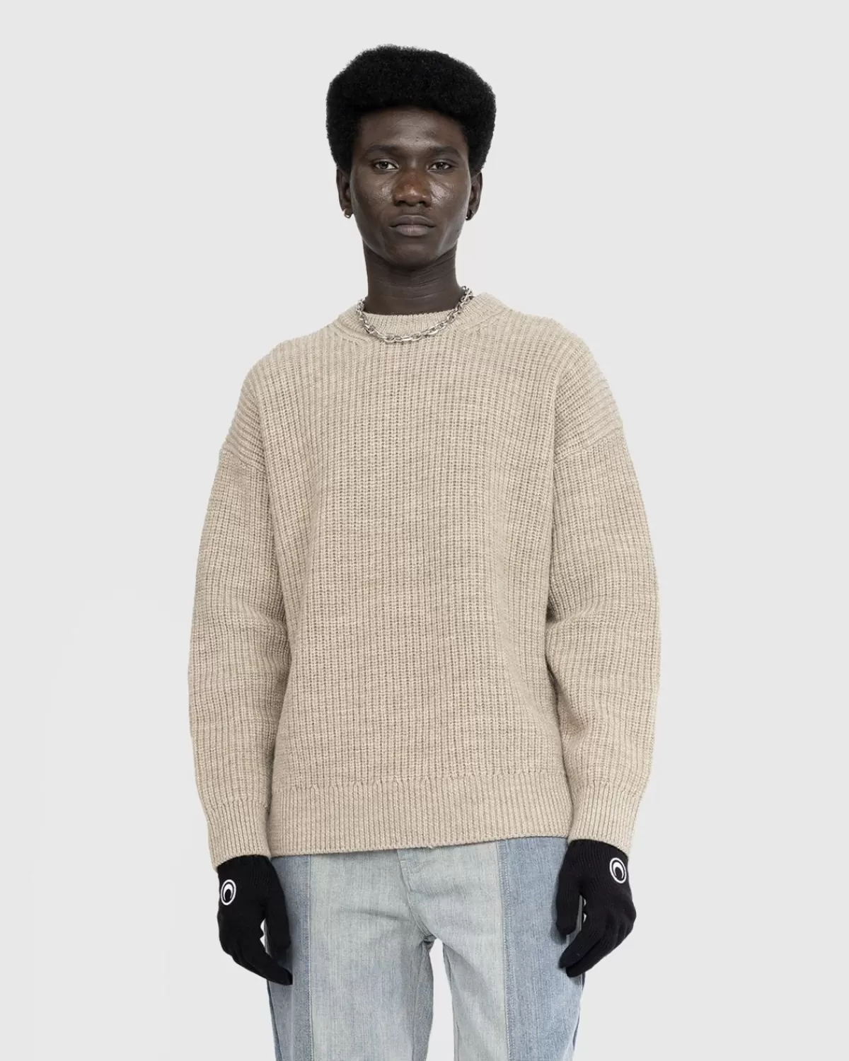 Gebreide Kleding^Marine Serre - Wollen En Pluizig Gebreide Trui Met Ronde Hals Beige