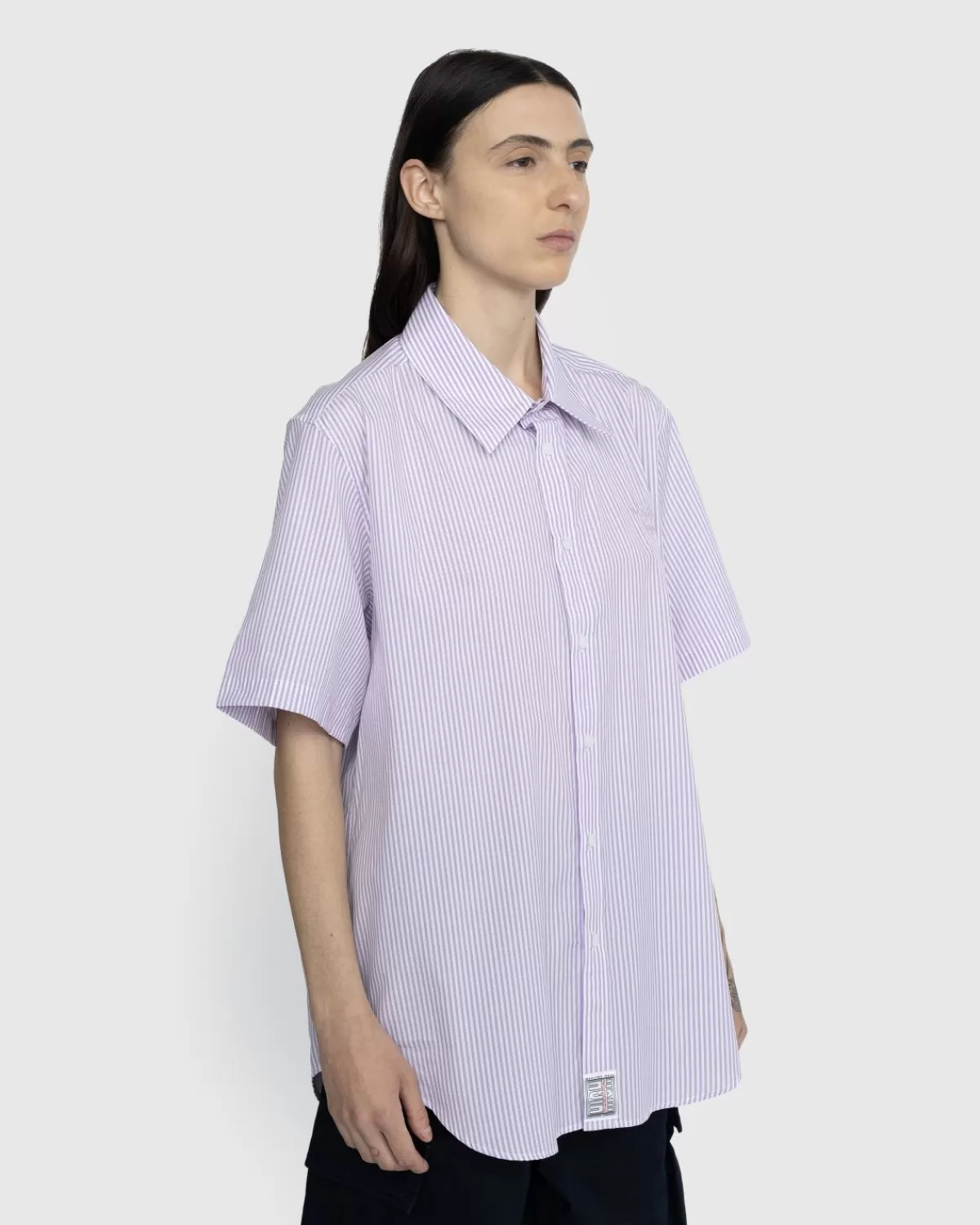 Overhemden^Martine Rose Klassiek Button-Down Overhemd Met Korte Mouwen, Lila En Witte Strepen