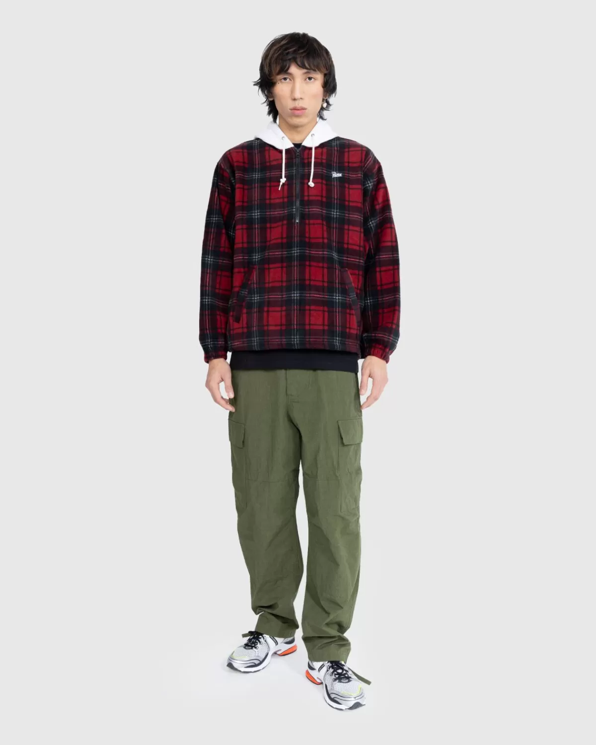 patta_tartan_fleece_overshirt_met_capuchon_biking_red_1.webp Overhemden^Patta Tartan Fleece Overshirt Met Capuchon Biking Red